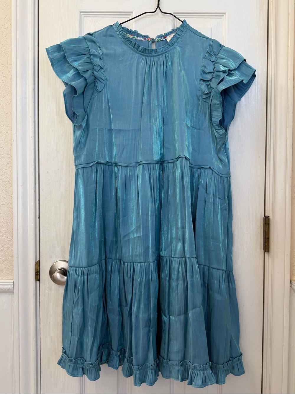 Umgee Blue Shimmer Ruffle Sleeve Tiered Dress